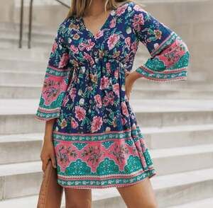 Women Boho Floral V-Neck 3/4 Sleeve Flowy Babydoll Mini Dress Blue Pink Green
